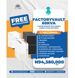 -------FactoryVault Package-------- 60kVA 3Phase Inverter  130KWH Lithium  Battery  160 x 565W Solar Panels Roof Rack Thunder Arrestor Cables